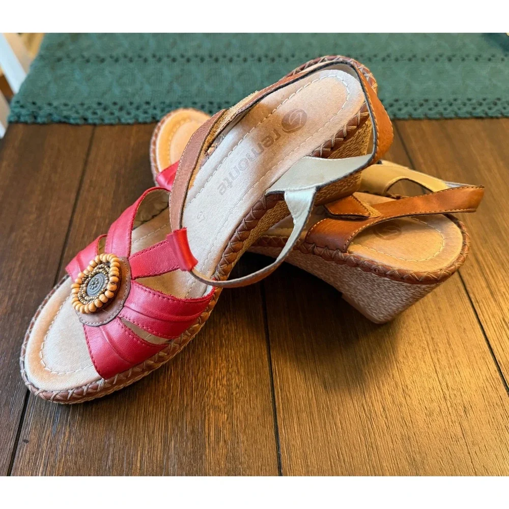 Remonte Red Tan Leather Beaded Wedge Sandals Womens 37 Slingback Boho US Sz 6.5